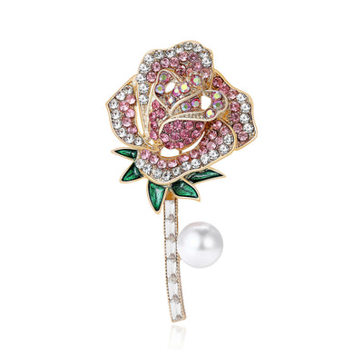 Front view of crystal rose stem brooch with pearl dangle decorative metal pin