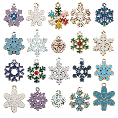 Colorful snowflake charms arranged on a light background