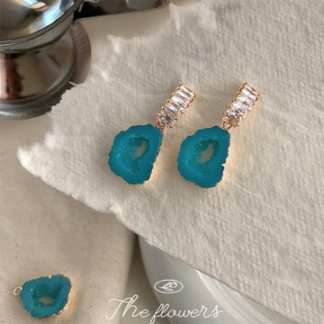 Gold Tone Turquoise Geode Slice Drop Earrings Crystal Bars