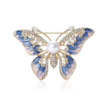 Enamel Butterfly Brooch with Pearl Center and Crystals