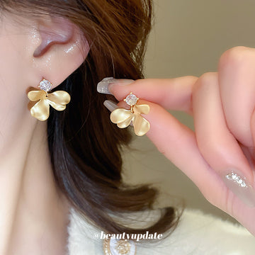 Brushed Gold Tone Three Petal Flower Stud Earrings