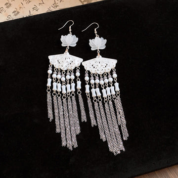 Silver Tone Fan and Flower Chandelier Hook Earrings