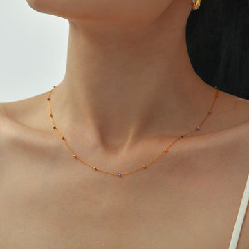 Delicate Gold Tone Necklace With Multicolor Stone or Zircon Stations