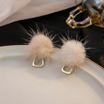 Beige Fur Pom Pom Stud Earrings with Gold Open D Ring