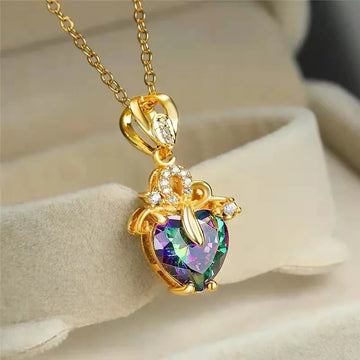 Rainbow Heart Crystal Crown Pendant Necklace in Three Finishes