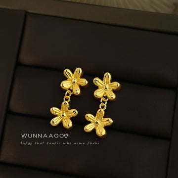 Gold Double Flower Drop Stud Earrings Matching Pair Style