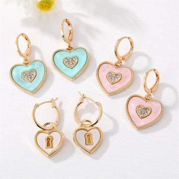 Gold Tone Crystal Enamel Heart Huggie Drop Earrings in Three Colors
