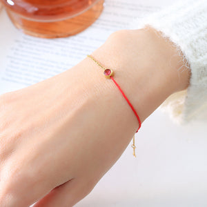 Gold Red Cord Birthstone Bracelet with Round Zircon Charm
