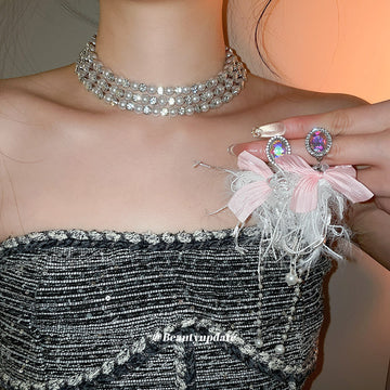Multi Row Pearl Rhinestone Choker Pink Feather Bow Earrings