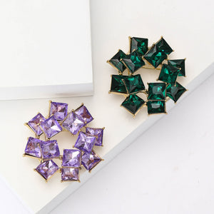 Square Crystal Circular Brooch Gold Tone Green Or Purple