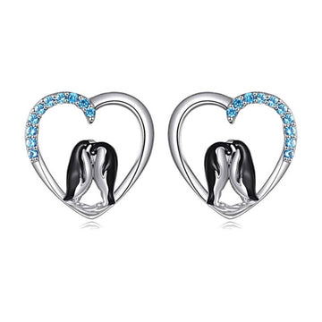 Silver Tone Penguin Heart Stud Earrings With Blue Crystal Arcs