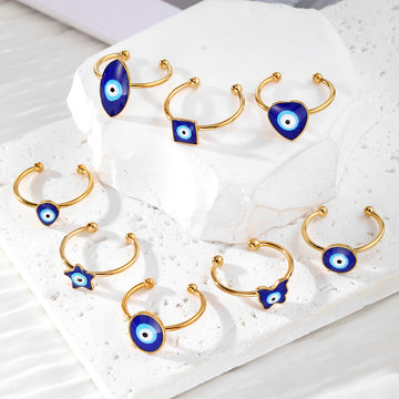 Gold Tone Blue Evil Eye Adjustable Rings in Seven Shapes