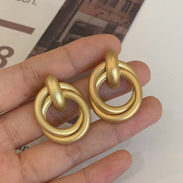 Matte Gold Tone Double Ring Geometric Stud Earrings