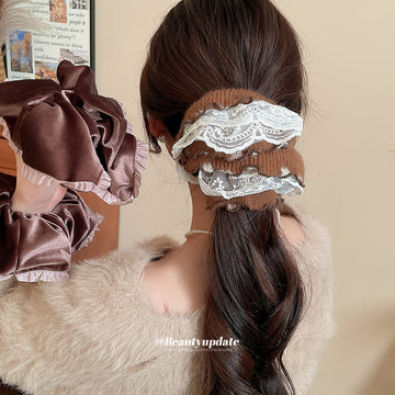 Coffee Brown Lace Scrunchie Satin Ruffle Hair Ties