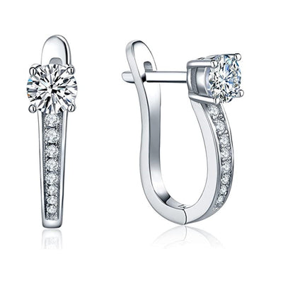 Silver round CZ lever back earrings front and open latch view