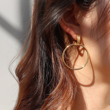 Interlocked Double Circle Thin Hoop Earrings Gold Steel