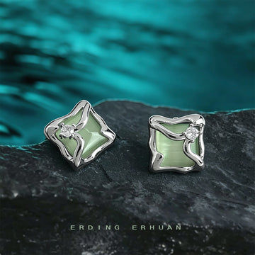 Silver Tone Pale Green Square Abstract Dancer Stud Earrings