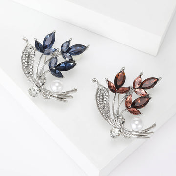 Crystal Floral Sprig Brooch in 2 Color Styles Metal Pin