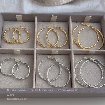 Twisted Texture Round Hoop Earrings In Gold Silver And Three Sizes