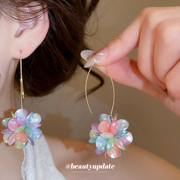 Iridescent Petal Cluster Earrings on Slender Gold Tone Hoops