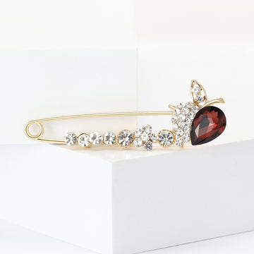 Long Gold Tone Safety Pin Brooch With Red Teardrop Flower