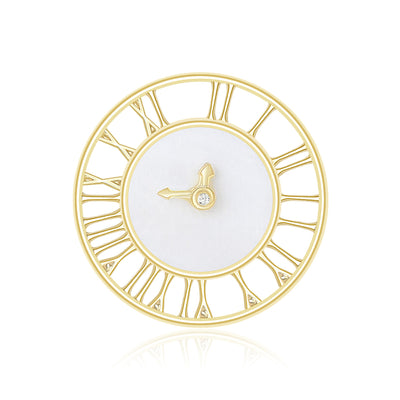 Front view of a round white clock face framed by open Roman numerals