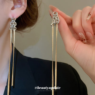 Mixed Metal Long Chain Earrings With Crystal Studs