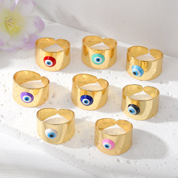 Gold Tone Wide Cuff Evil Eye Adjustable Rings in Eight Colors
