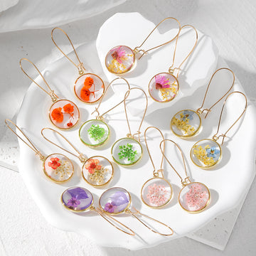 Gold Tone Round Pressed Flower Resin Long Hook Earrings in Ten Styles