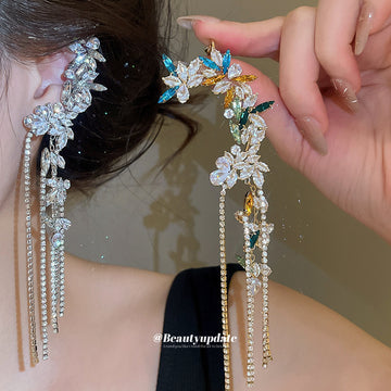 Crystal Flower Long Fringe Single Ear Clips with Polished Metal Tone Details