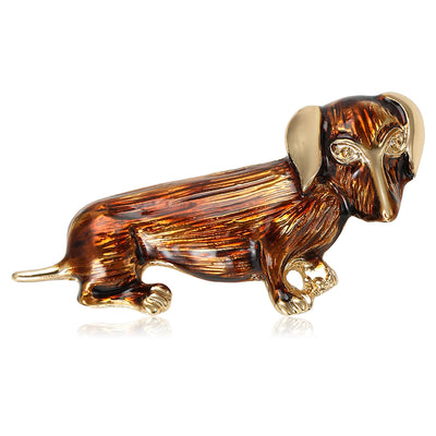 Front product view of the long-bodied dachshund in striped brown enamel with gold-tone details brooch