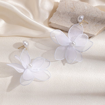 White Fabric Petal Flower and Pearl Look Stud Earrings