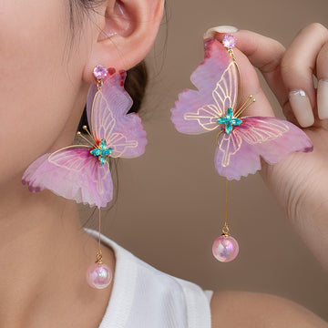 Purple Layered Butterfly and Pearl Look Dangle Earrings