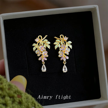 Gold Tone Purple Flower Green Leaf Clear Teardrop Stud Earrings