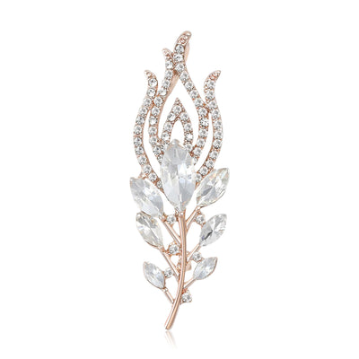 Front view showing the crystal feather brooch in rose gold or silver tone