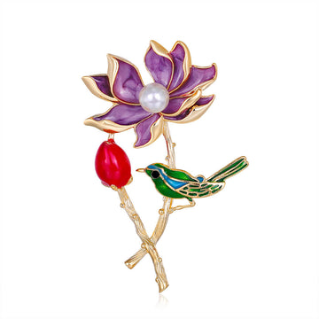 Purple Gold Tone Lotus Pearl Look Metal Brooch Pin