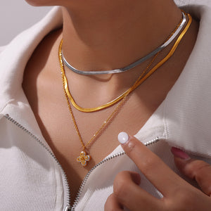 Gold Flower Zircon Pendant Necklace Double Layer Snake Chain Options