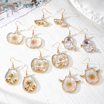 Gold Frame Resin Dried Flower Halloween Earrings 6 Styles