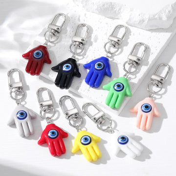 Silver Tone Resin Hamsa Evil Eye Clip Keychains in Nine Colors