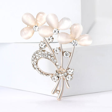 Pink Floral Bouquet Brooch with Crystal Bow and Leaves