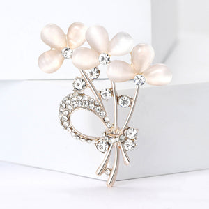 Pink Floral Bouquet Brooch with Crystal Bow and Leaves
