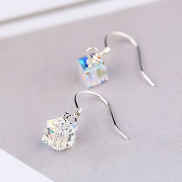 Silver Iridescent Cube Crystal Drop Fishhook Earrings