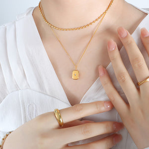 Gold Double Layer Necklace Bead Chain Square Crystal Pendant