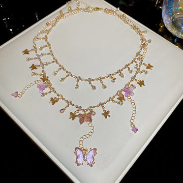 Gold Double Layer Purple Butterfly Flower Crystal Necklace
