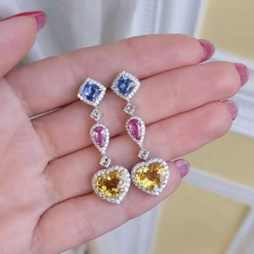 Multicolor Triple Heart Crystal Drop Earrings Polished Metal Earrings