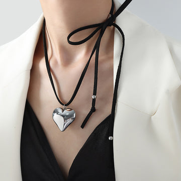 Silver Heart Pendant Necklace On Black Cord Adjustable Tie Closure