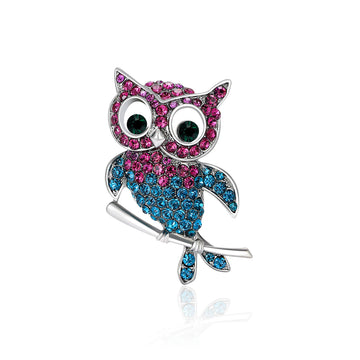 Pink and Blue Crystal Owl Brooch Perched on Silver Tone Branch