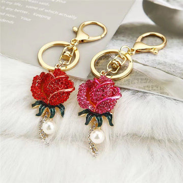 Rhinestone Rose Keychain Metal Pearl Drop Flower Bag Charm