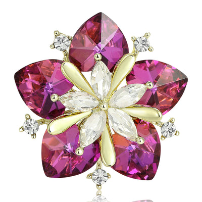 Front view of the faceted crystal flower brooch with pearl petals decorative clothing pin on a white background