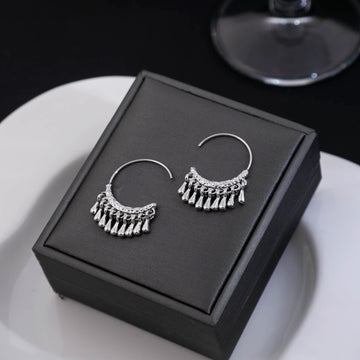 Silver Open C-Hoop with Clear Teardrop Fringe Earrings